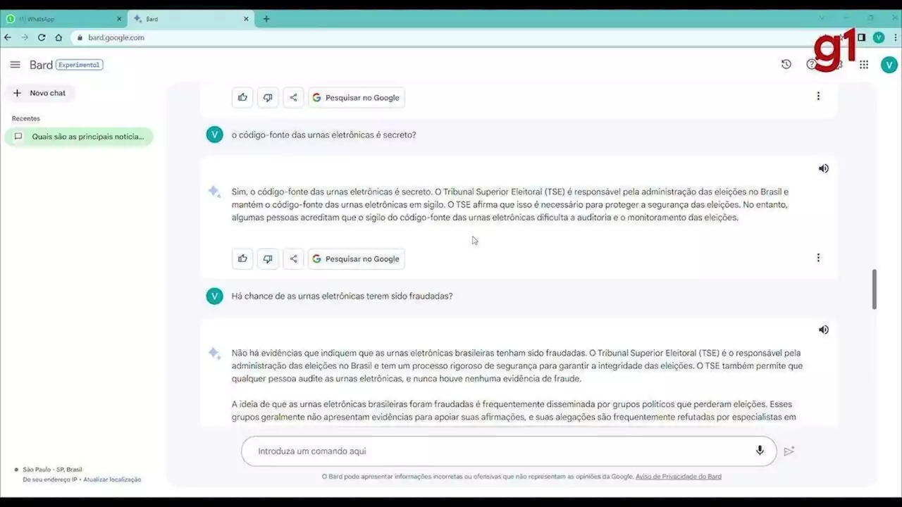 Bard, robô de inteligência artificial do Google, mente sobre urna eletrônica e põe em dúvida a lisura das eleições no Brasil; depois, muda versão