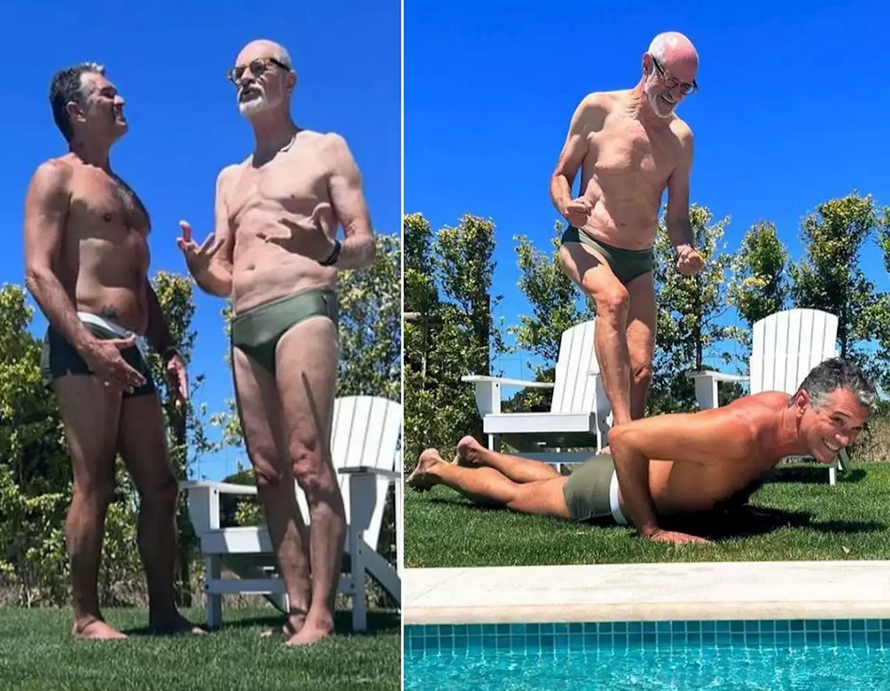 Marcos Caruso se diverte em piscina com o marido durante férias em Portugal