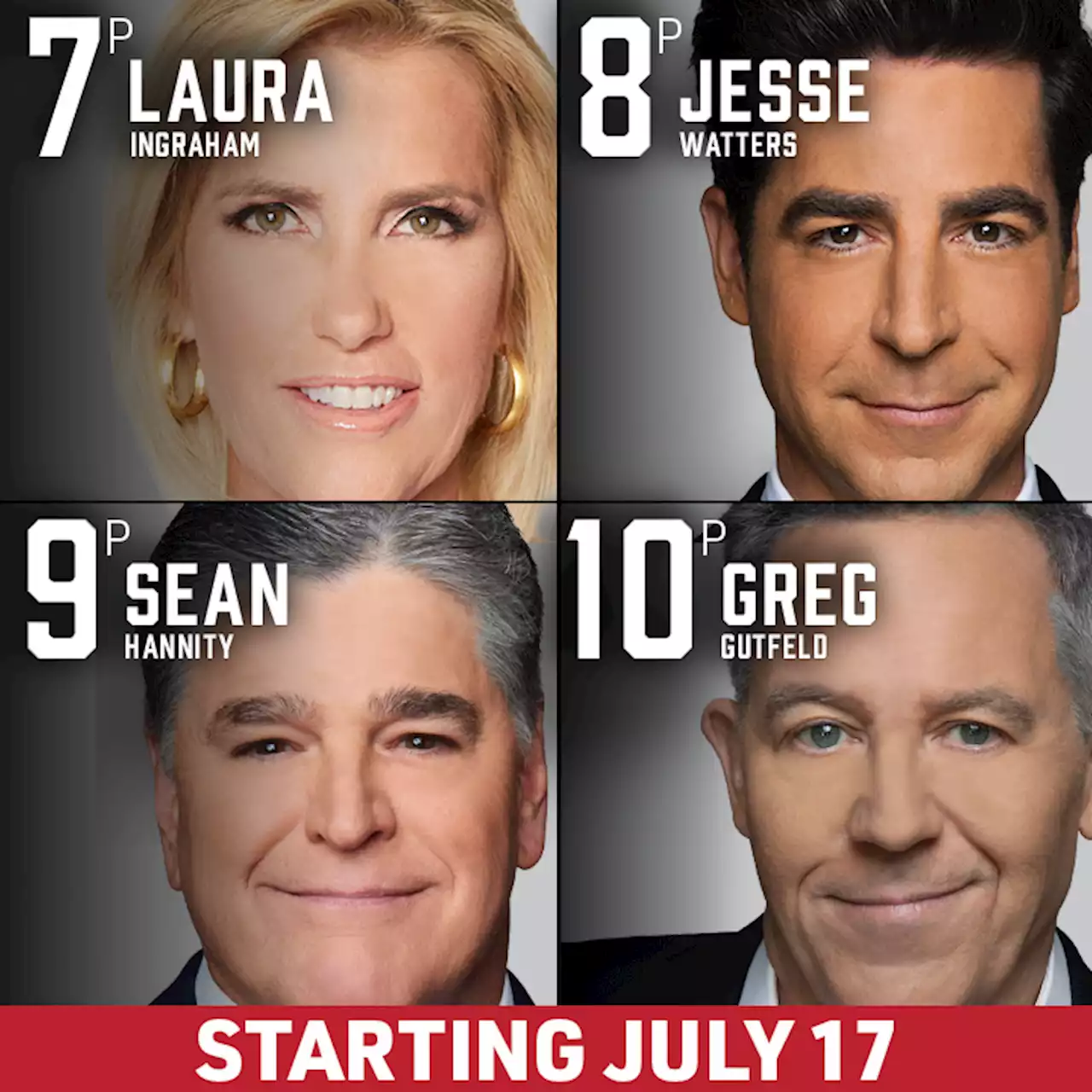 Fox News’ primetime lineup marks new era with Laura Ingraham, Jesse Watters, Sean Hannity, and Greg Gutfeld