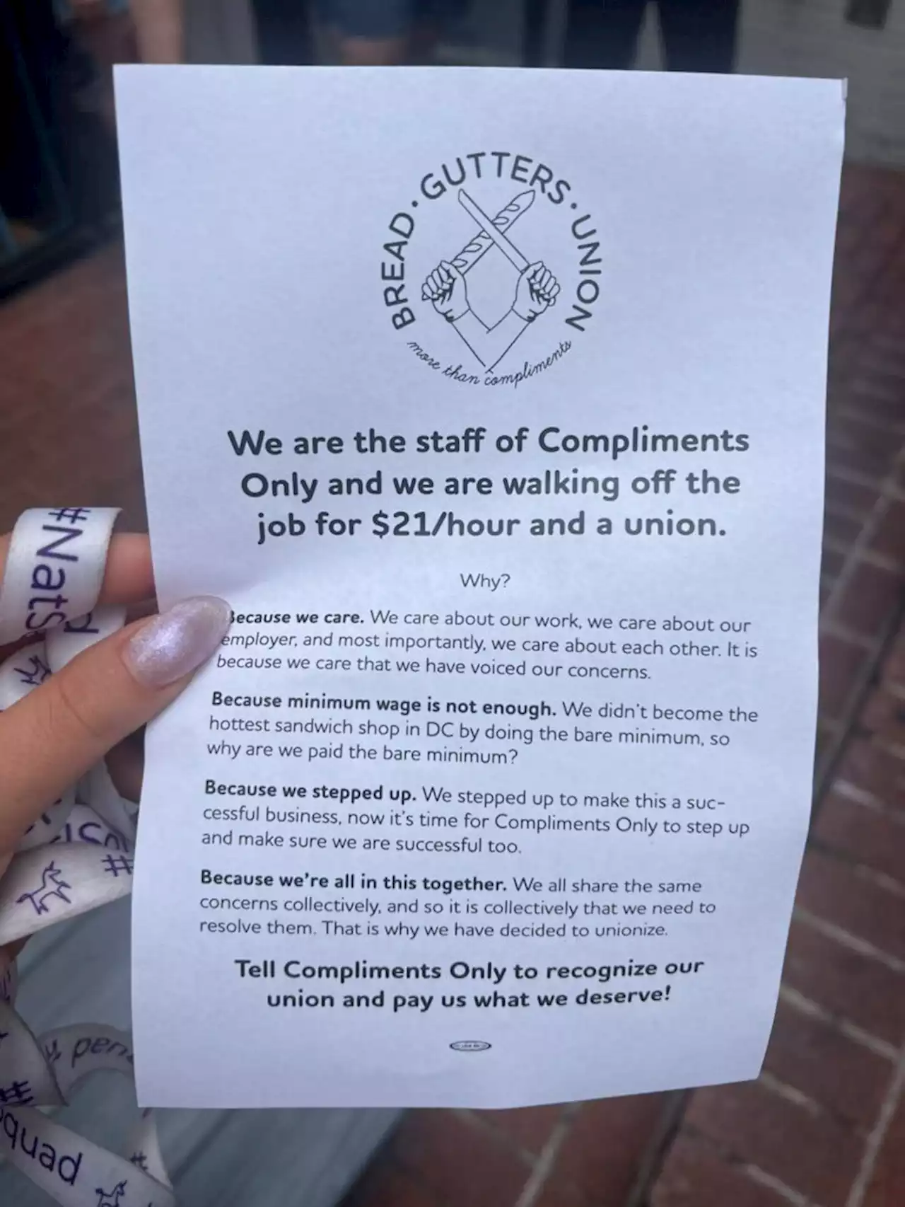 Saturday, Some “staff of Compliments Only, an award-winning sandwich shop in Dupont, staged a walkout to demand better pay and a union.” - PoPville