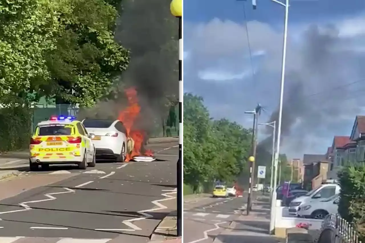 Tesla worth £44k bursts into flames after ‘self-combusting’ on residential street