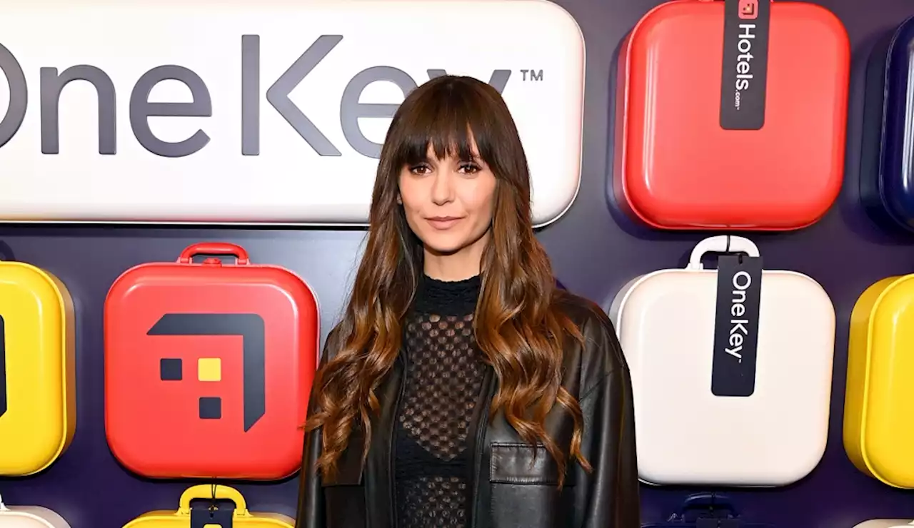 Nina Dobrev Marries Leather and Sheer Trends in Amiri Workwear Shirt and Frame Miniskirt at Expedia Group’s One Key Launch Event