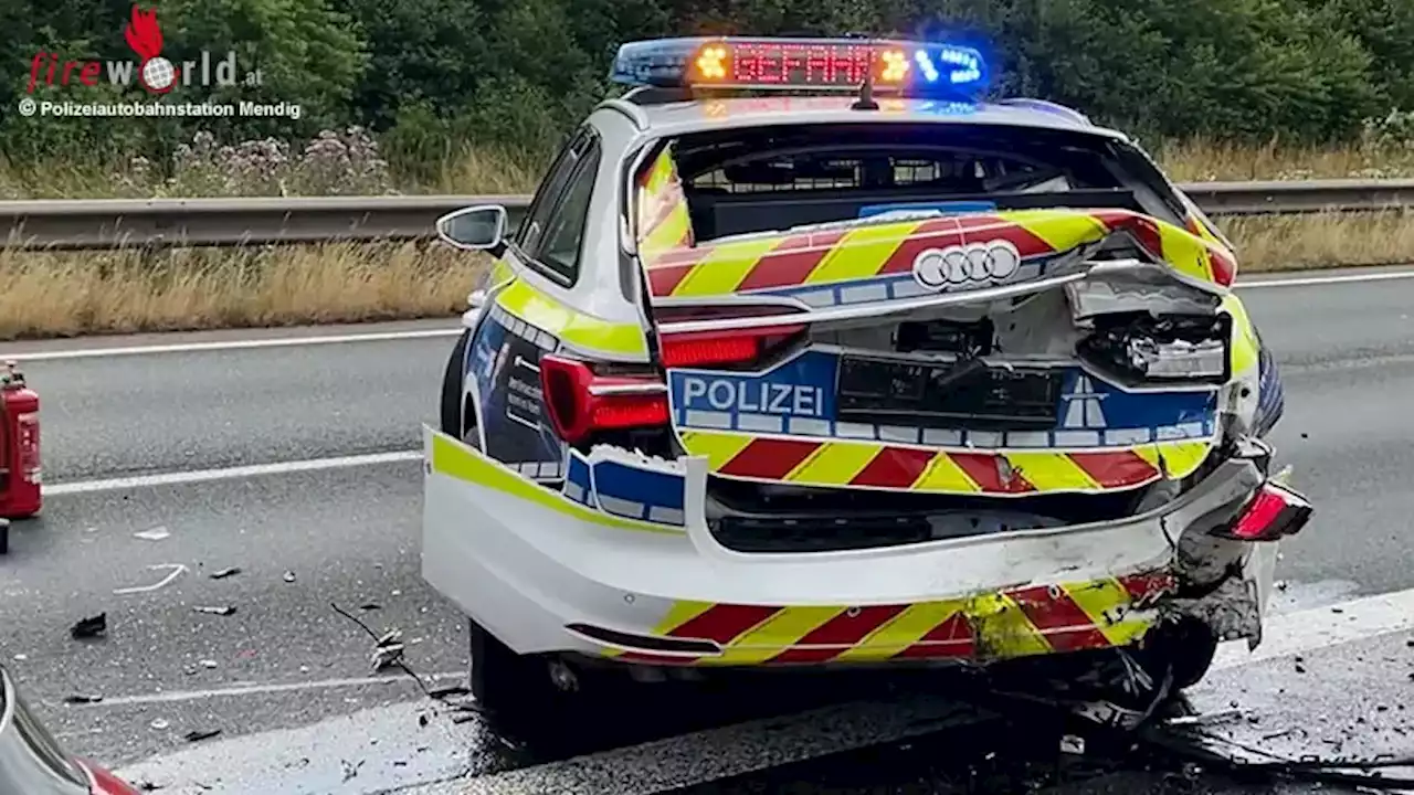 D: Pkw kracht auf A 61 ungebremst gegen absicherndes Polizeifahrzeug