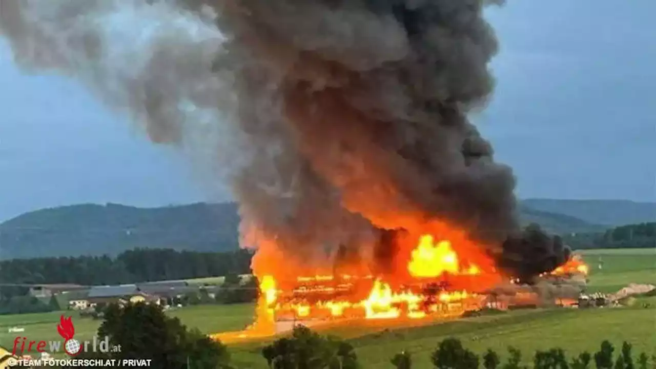 Oö: Großbrand auf landwirtschaftlichem Anwesen in Pöndorf → Alarmstufe III