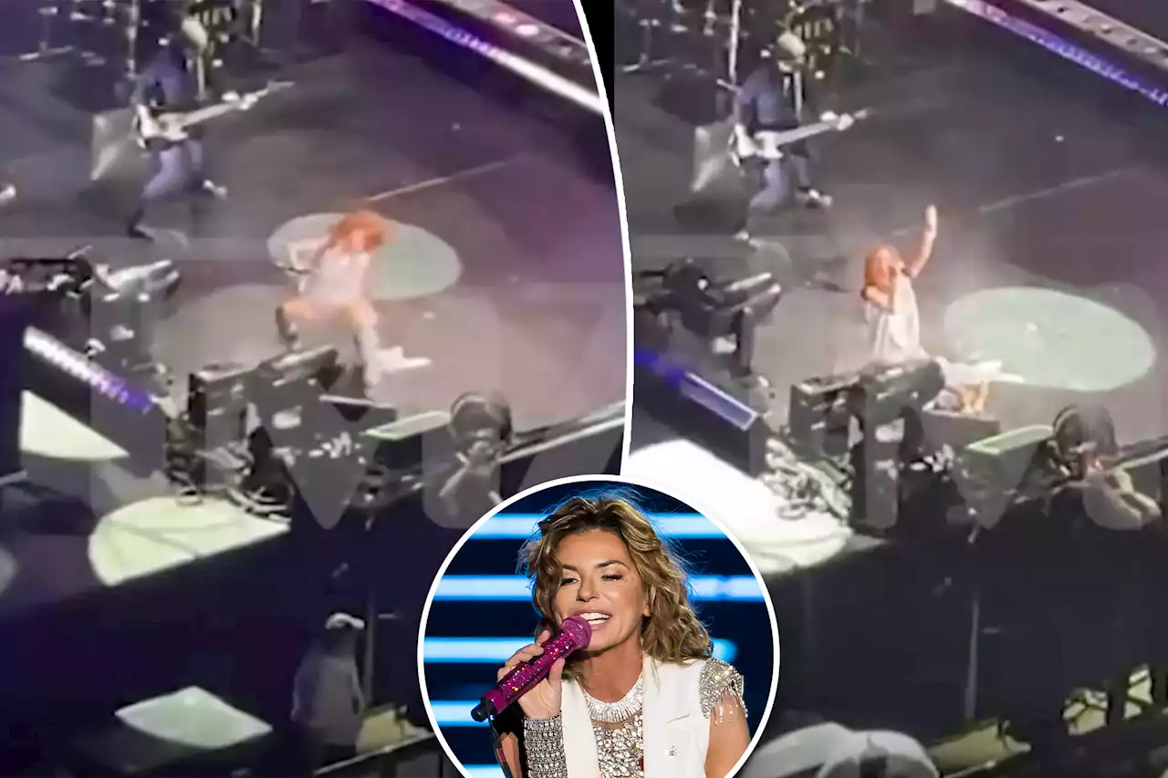 Shania Twain trips and falls while singing ‘Don’t Be Stupid’ during Chicago concert