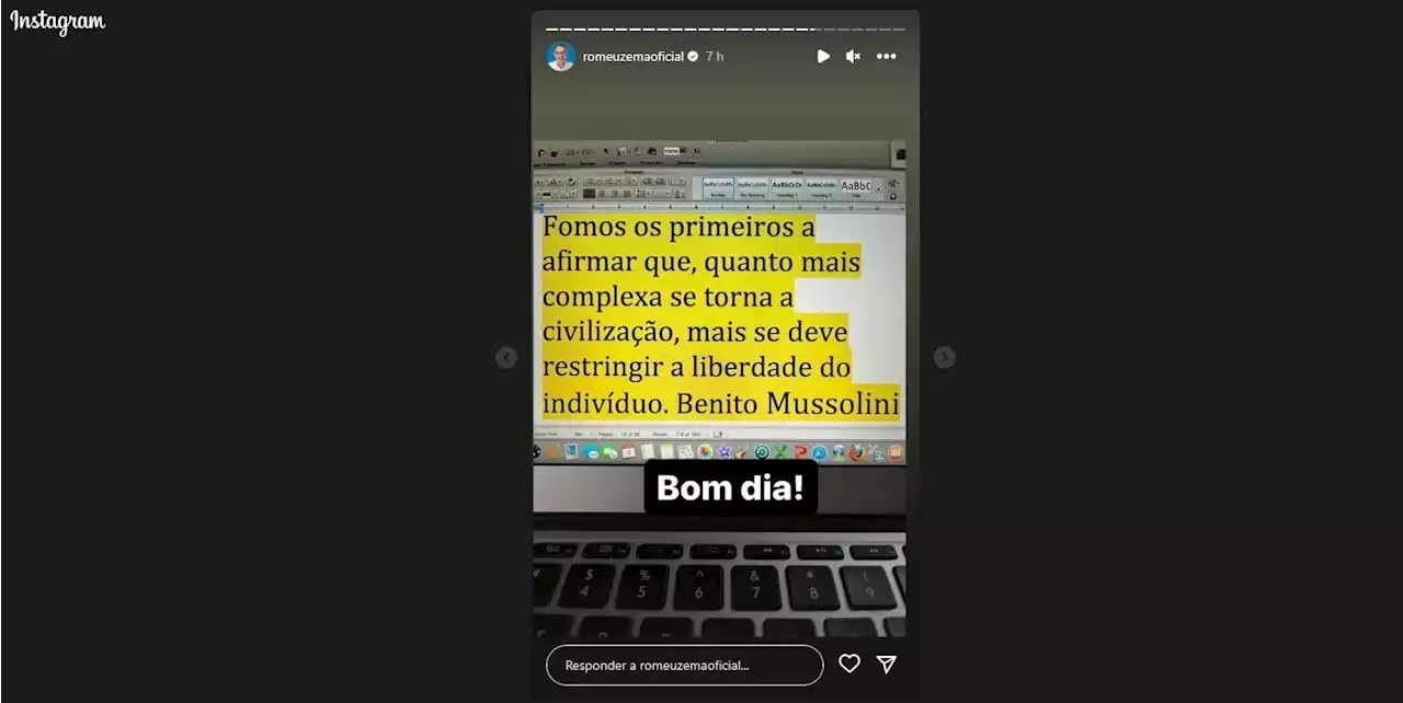 Governador Romeu Zema cita frase de líder fascista nas redes sociais