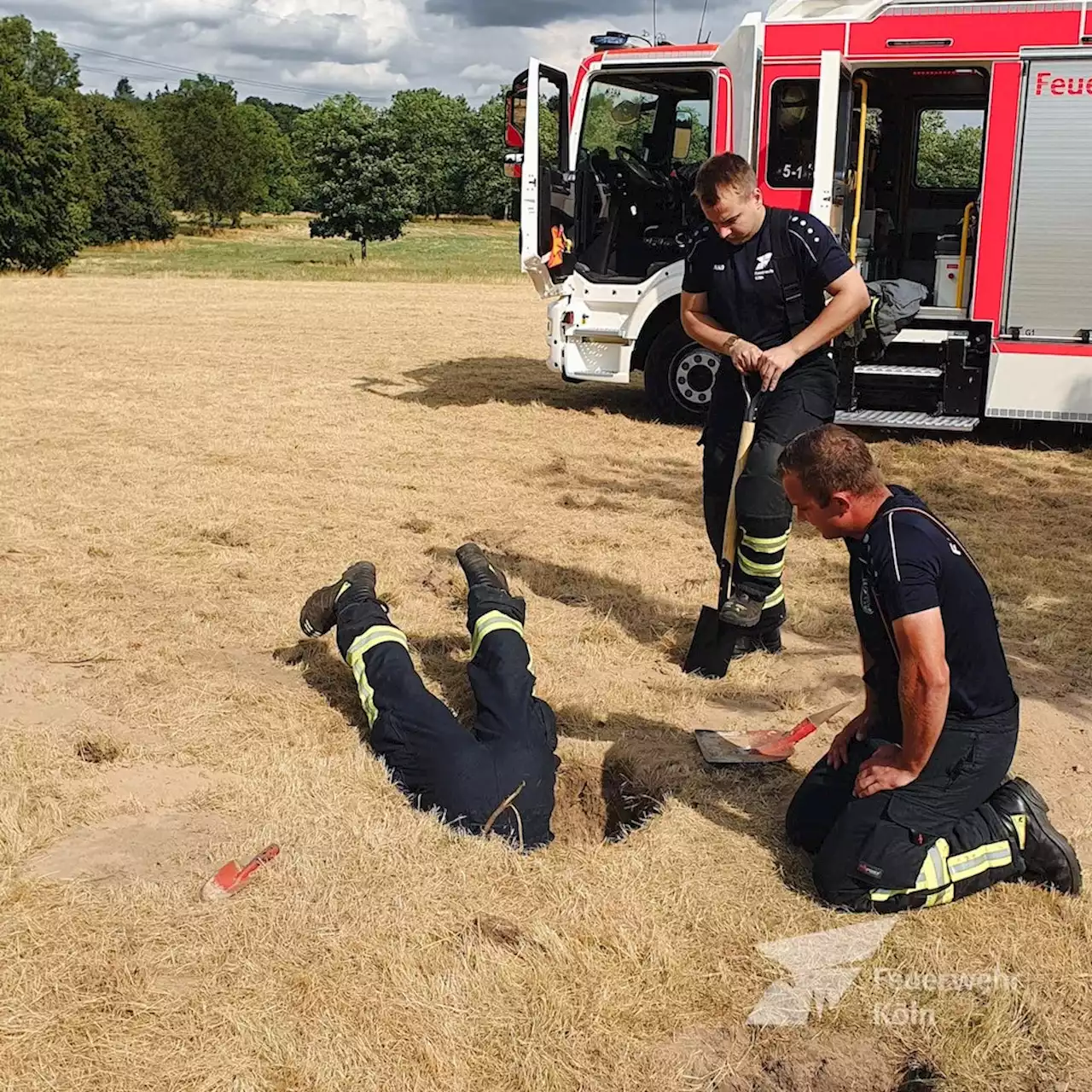 Nur Po und Beine zu sehen: Darum steckt ein Kölner Feuerwehrmann in einem Loch