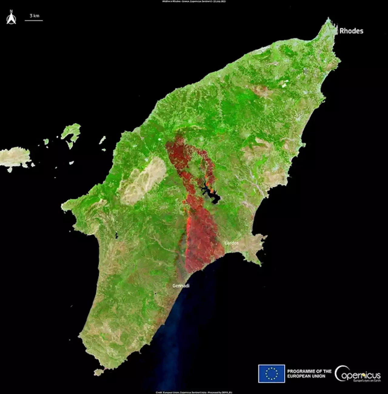 Rodi, l'isola ferita dagli incendi vista dai satelliti - Terra e Poli - Ansa.it