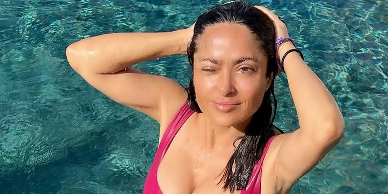 Salma Hayek Soaks Up the Sun in a Barbiecore One-Piece Swimsuit