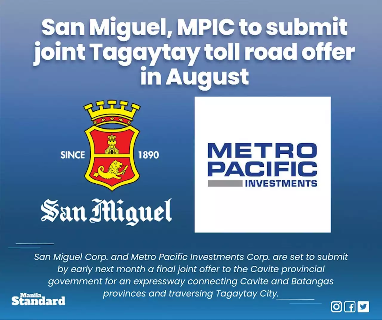 San Miguel, MPIC to submit joint Tagaytay toll road offer in August