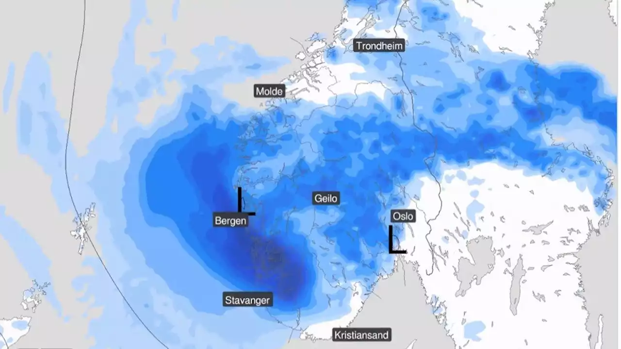 Her venter meteorologen at det skal bøtte ned