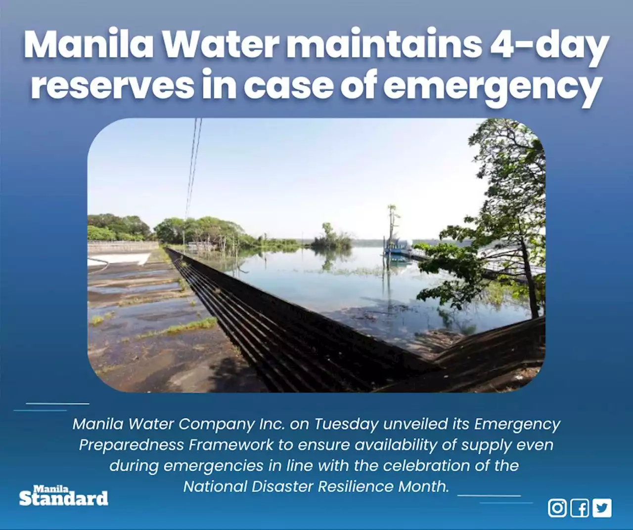 Manila Water maintains 4-day reserves in case of emergency