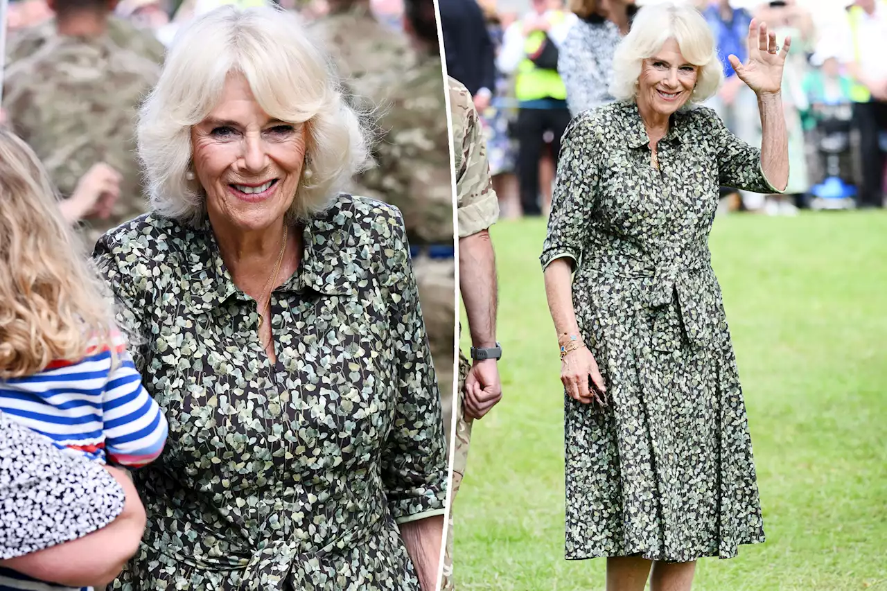 Queen Camilla blooms in a green leaf-print dress at Sandringham Flower Show