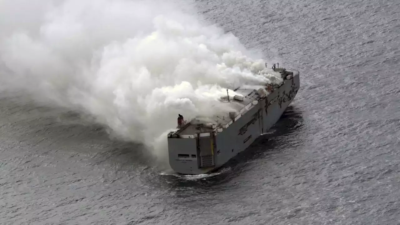 A fire is still burning on board a car-carrying cargo ship near a sensitive Dutch bird habitat