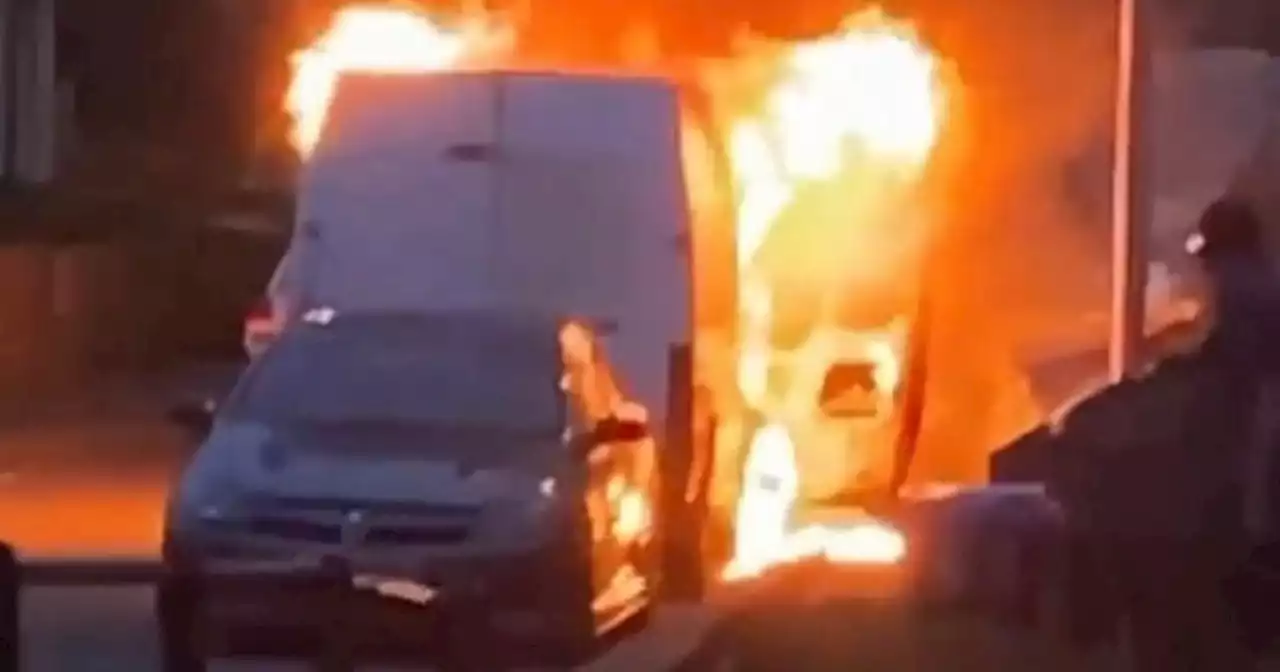 Van explodes into flames as driver flees from inside on quiet Scots street