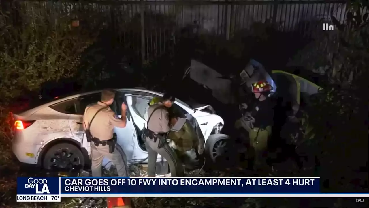 Tesla Model Y Launches Off LA Freeway Into Homeless Encampment