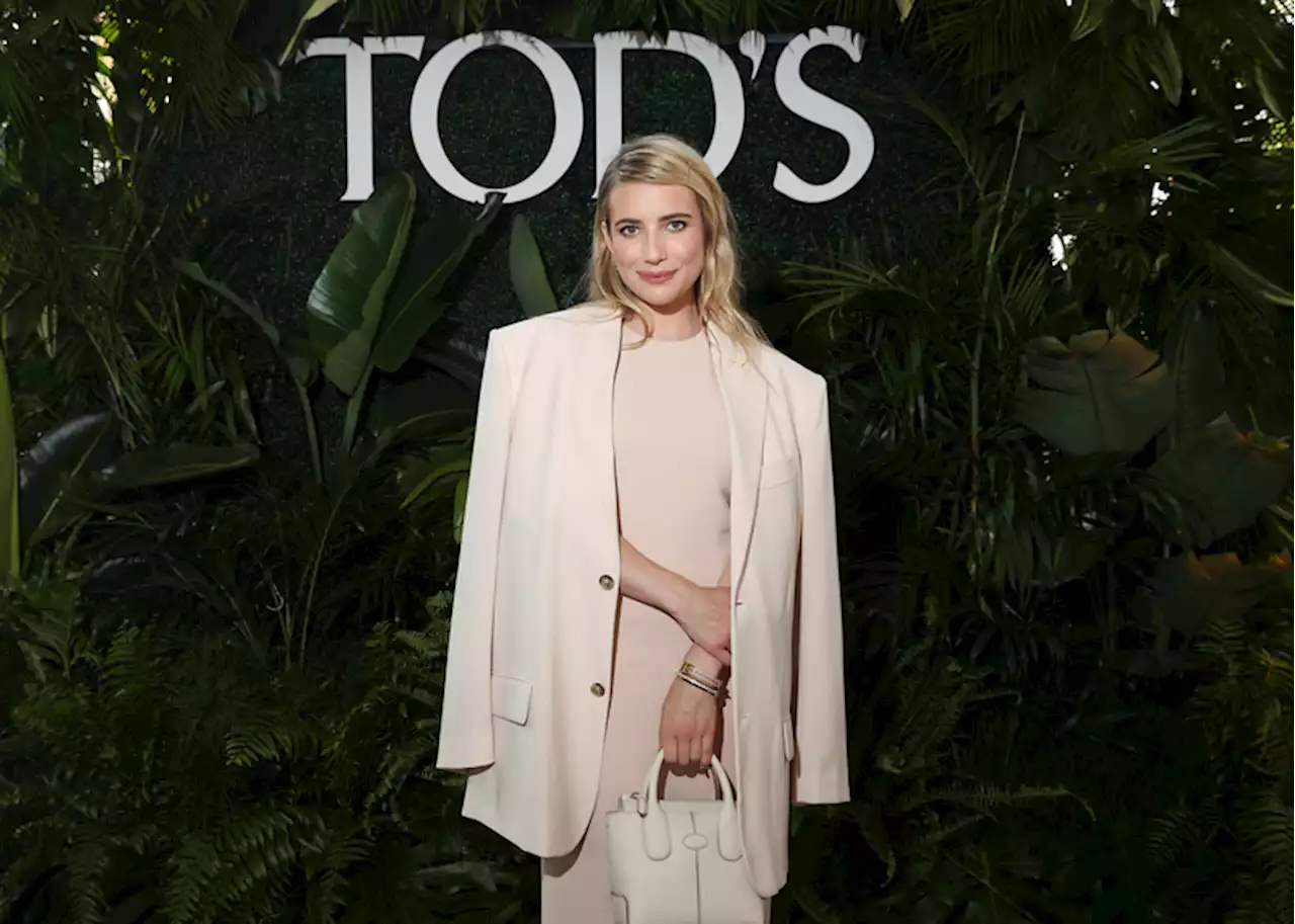 Emma Roberts Embraces Blush Tones in Maxidress and Oversize Blazer at Tod’s Hamptons Summer Celebration