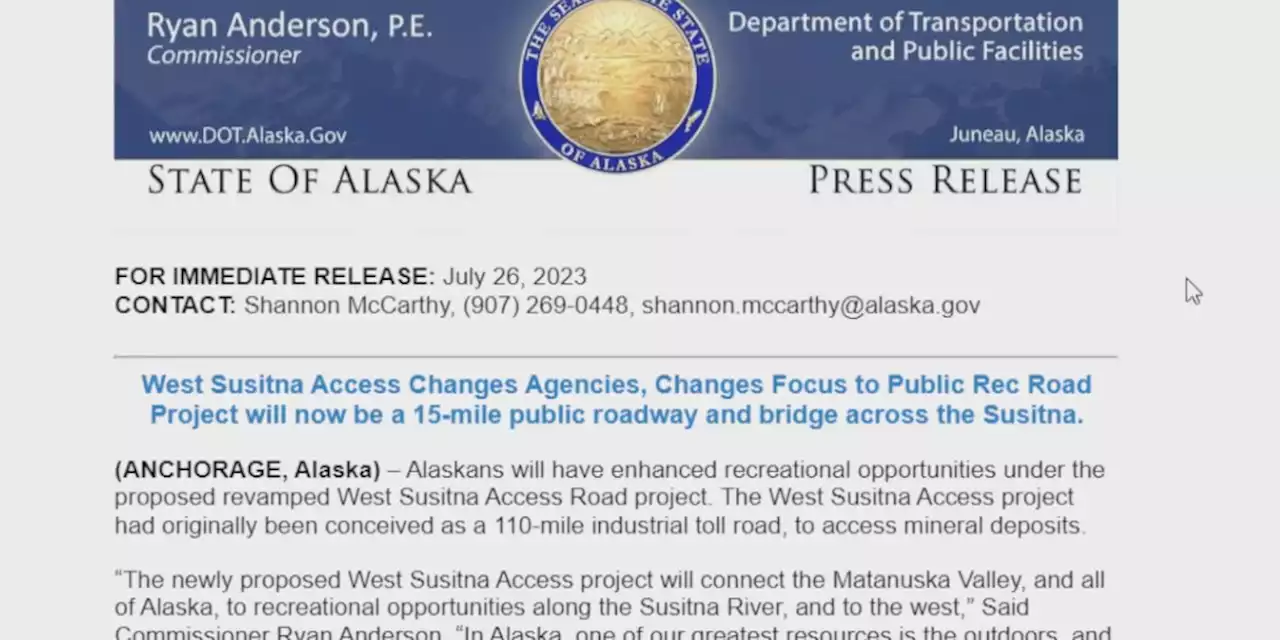 State to construct 15-mile public roadway in same area of controversial West Susitna Access project