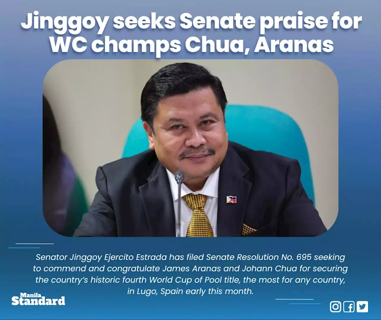 Jinggoy seeks Senate praise for WC champs Chua, Aranas