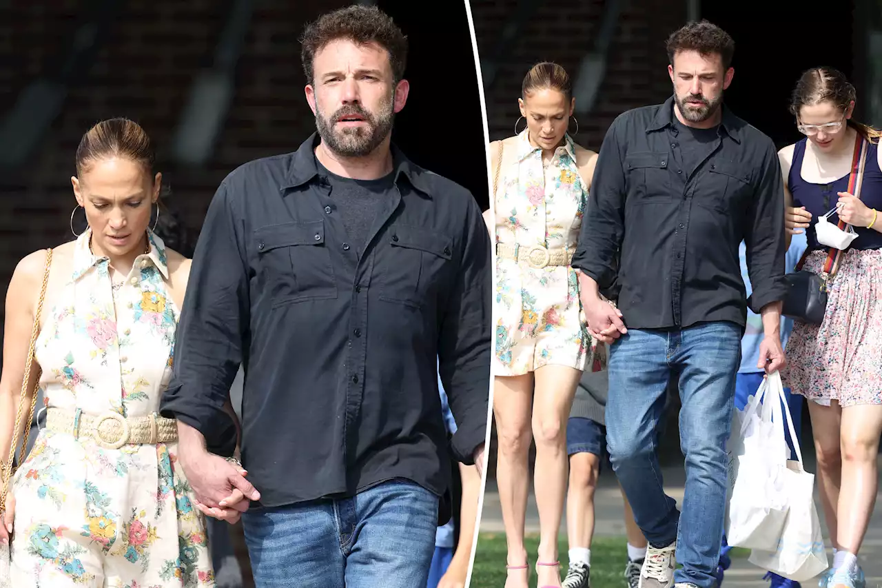 Jennifer Lopez and Ben Affleck hold hands while shopping in the Hamptons with kids