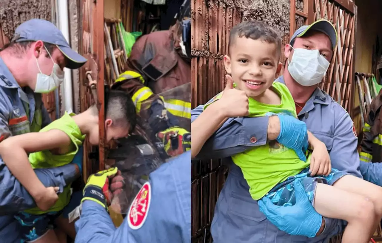 Menino prende a cabeça em portão e é resgatado pelos bombeiros