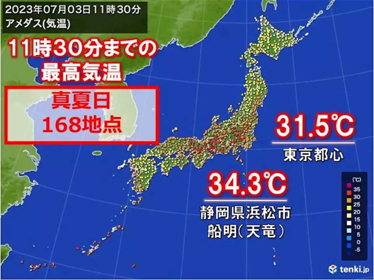 既に真夏日160地点超 午後は猛暑日続出「体温並みの暑さ」も 熱中症に厳重警戒(気象予報士 日直主任)