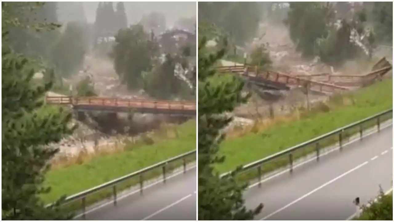 Violento temporale in Alto Adige, il torrente in piana distrugge un ponte