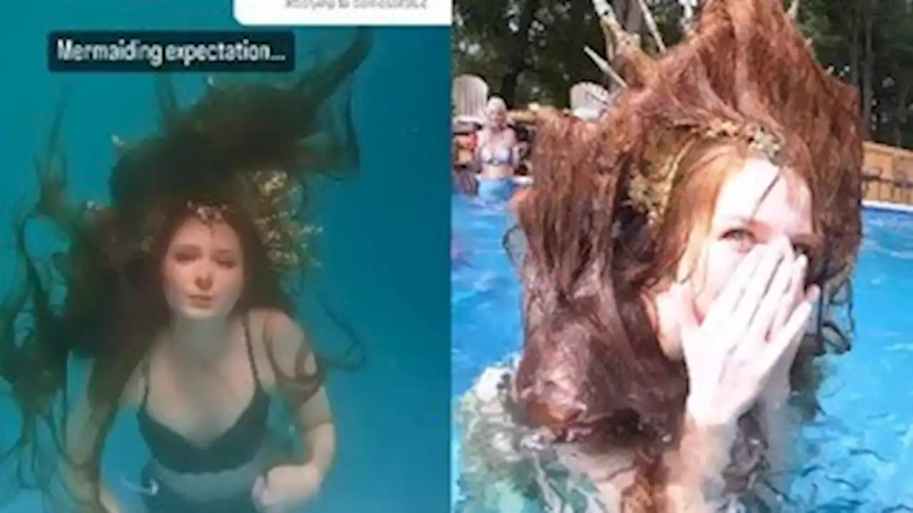 Influenciadora imita sereia em piscina e termina com cabelo gigante embaraçado em coroa