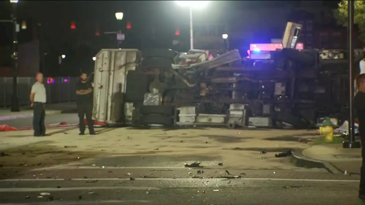 Hit-and-run causes Newark fire truck to overturn near Prudential Center on way to alarm