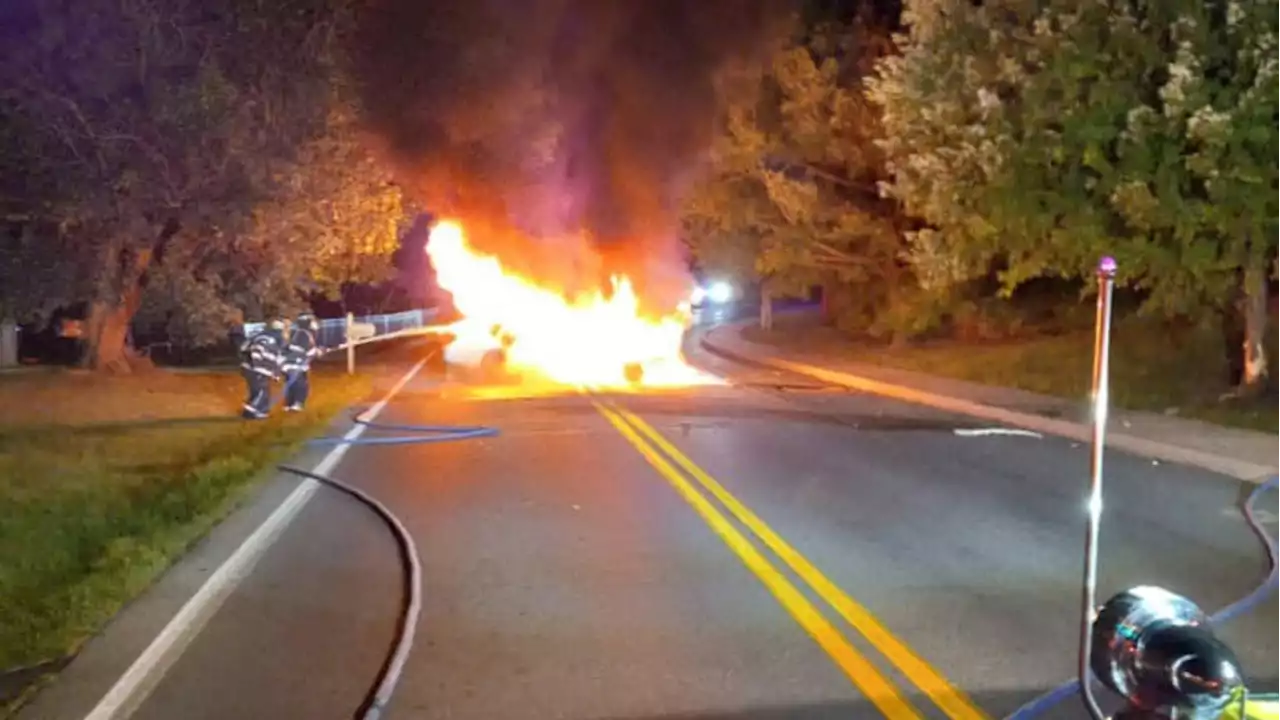 One injured after car slams into pole and tree, catches on fire in Lancaster Co.