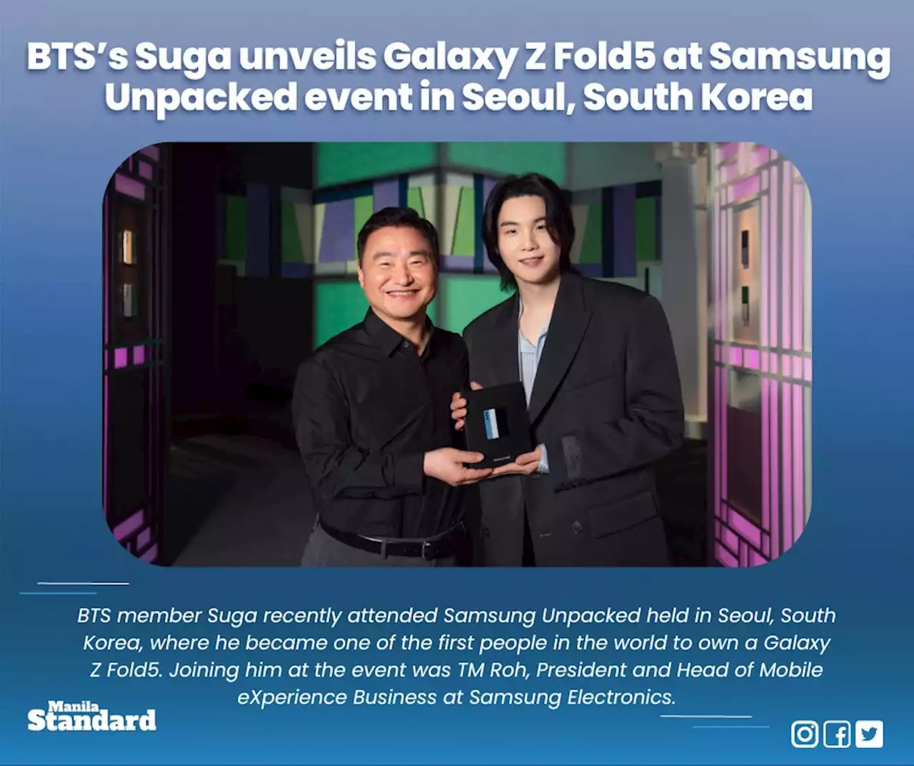 BTS’s Suga unveils Galaxy Z Fold5 at Samsung Unpacked event in Seoul, South Korea