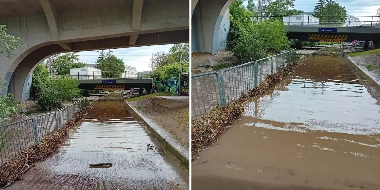 Zugang zu Bahnhof nach Unwetter komplett unter Wasser