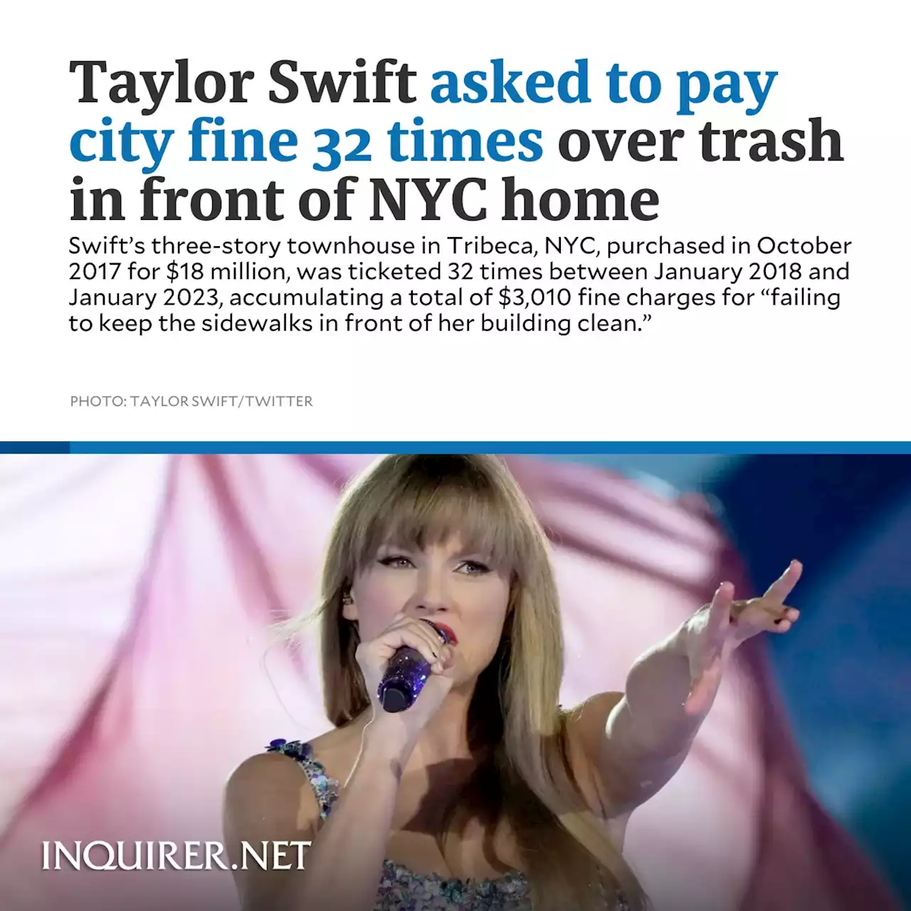 Taylor Swift asked to pay city fine 32 times over trash in front of NYC home