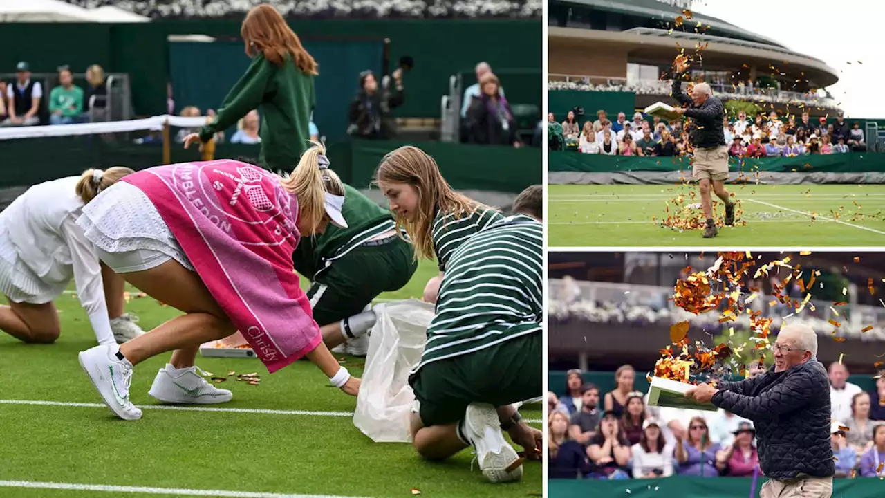 British No1 Katie Boulter helps clear confetti after Just Stop Oil protesters hit Wimbledon for second time