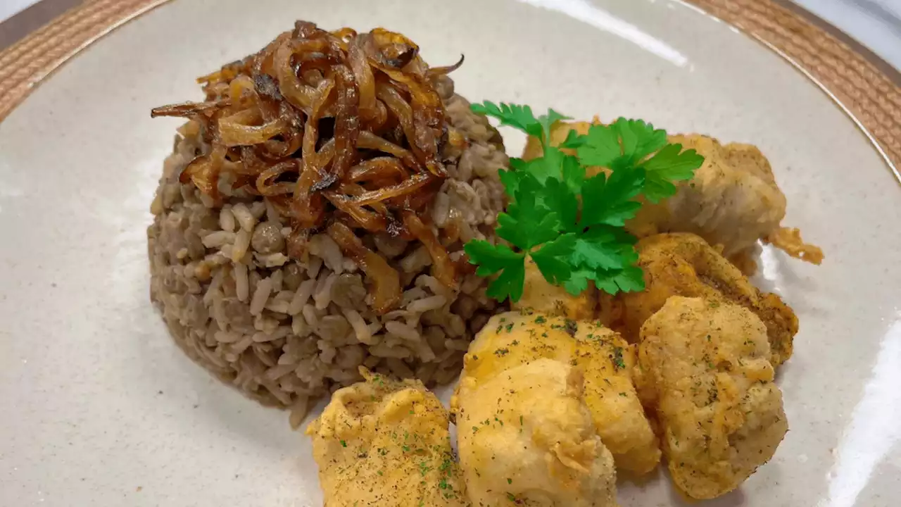 Arroz com lentilha e cebola frita com cação em cubos | Band Receitas