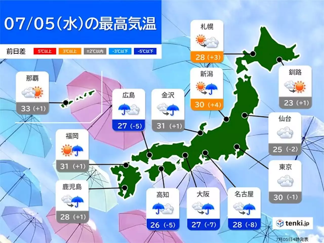 きょう5日 本州付近の猛暑はトーンダウン 湿度は高くムシムシ(気象予報士 日直主任)