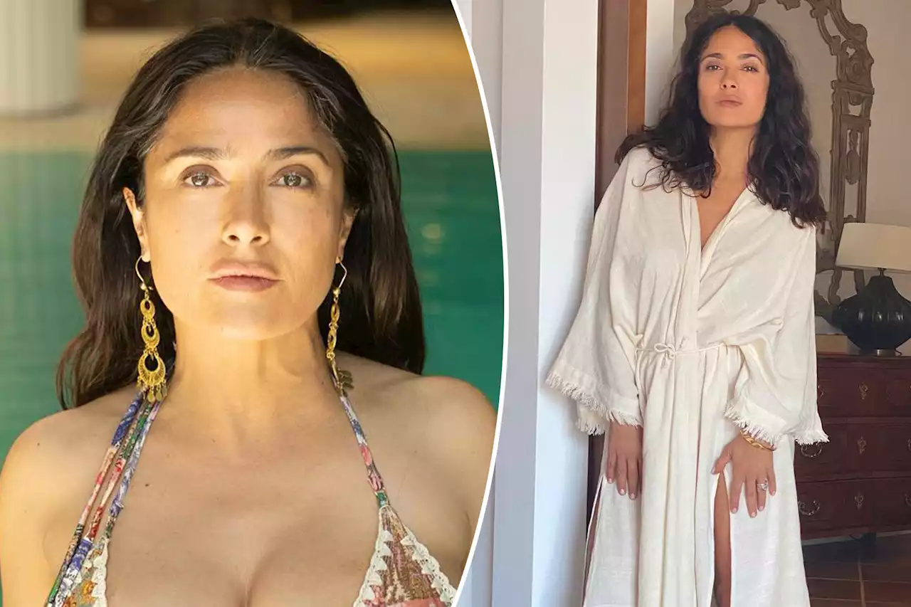 Salma Hayek, 56, shows off major cleavage in two-piece for National Bikini Day