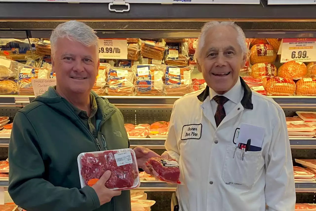 Terry Sheehan meats Ben Pino to tout federal grocery rebate