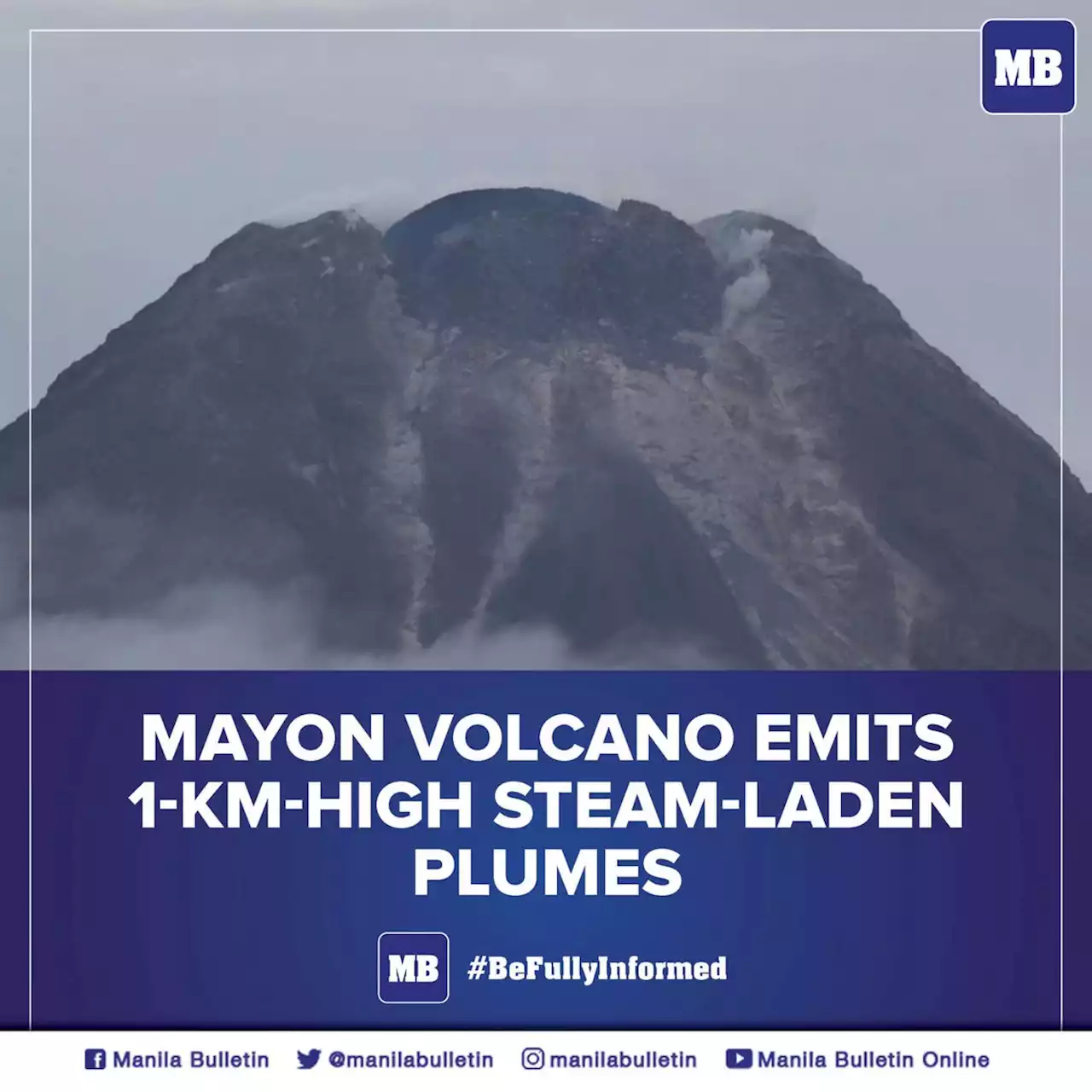 Mayon Volcano emits 1-km-high, steam-laden plumes