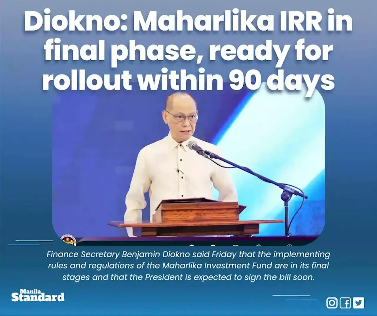 Diokno: Maharlika IRR in final phase, ready for rollout within 90 days