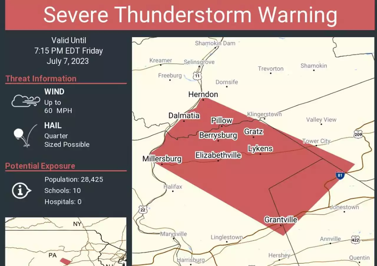 Severe thunderstorm warning issued for parts of 4 central Pa. counties