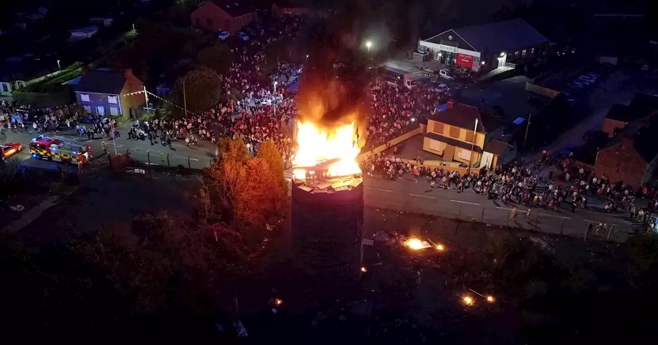 Loyalist bonfire with boat on top lit in Co Tyrone