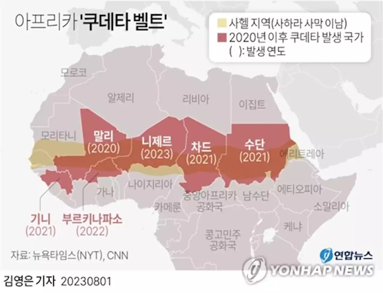 아프리카 '쿠데타벨트' 5천600㎞ …서쪽 기니에서 동쪽 수단까지 | 연합뉴스