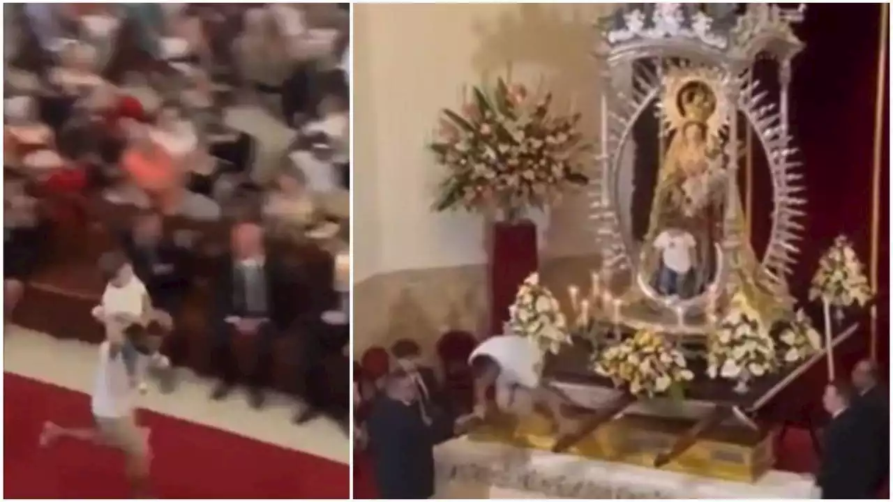 Viral: un hombre ingresó corriendo a una iglesia y subió a su pequeño al altar de la Virgen