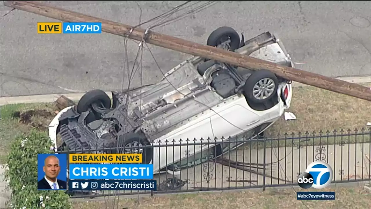 Driver flips stolen car, knocks over power lines in San Gabriel while fleeing deputies