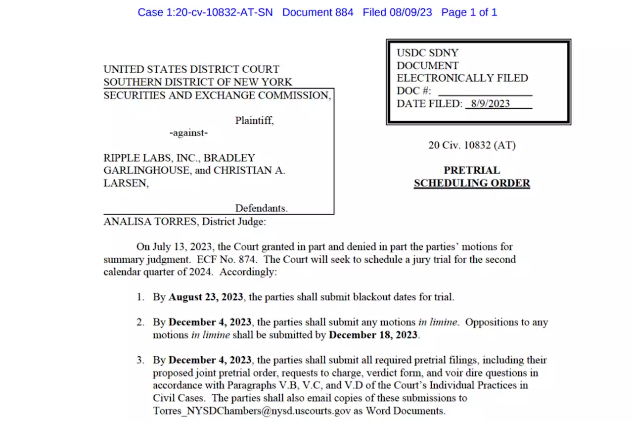 Verhandlungstermine für die Klage der SEC gegen Ripple Labs im südlichen Bezirk von New York festgelegt