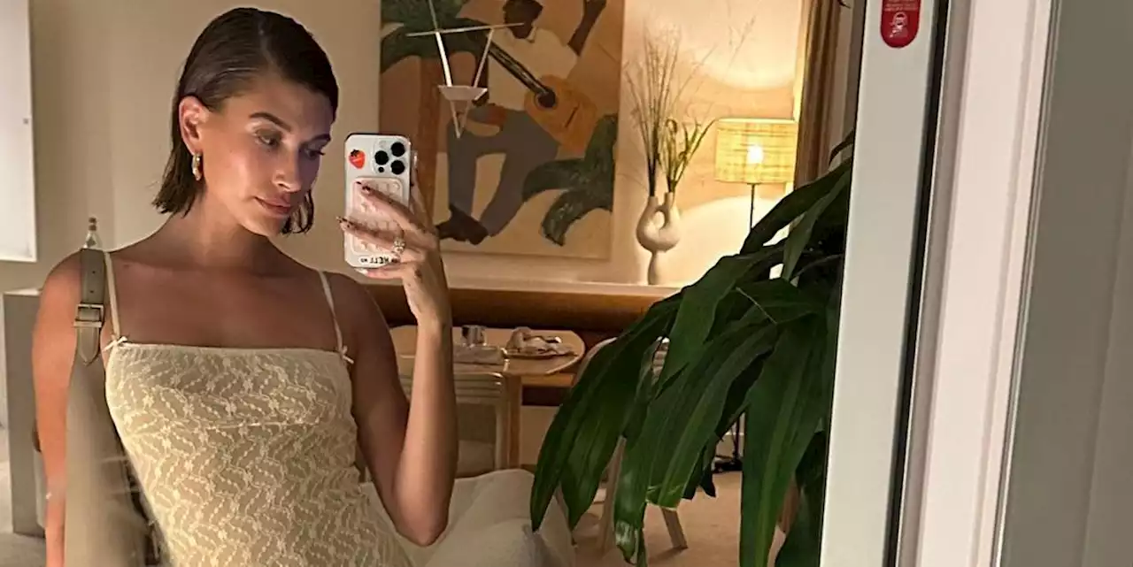 Hailey Bieber Pairs a White Patterned Minidress with Flip-Flops