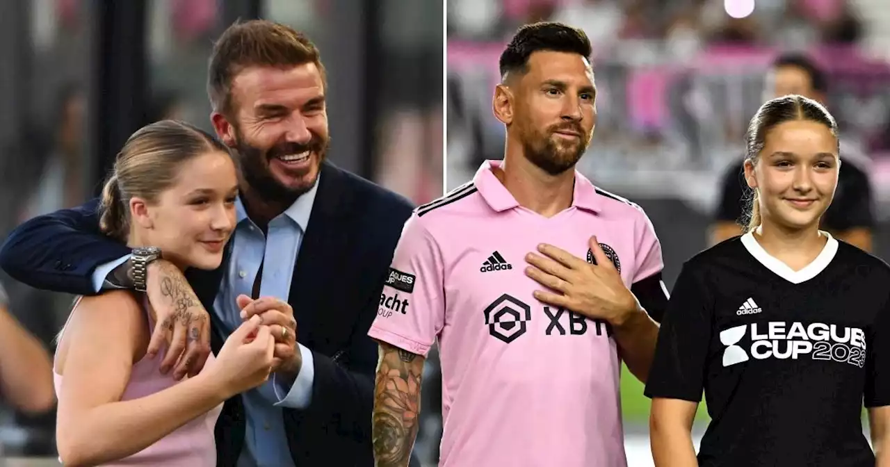 David Beckham beams with pride as Harper, 12, walks as mascot with Lionel Messi