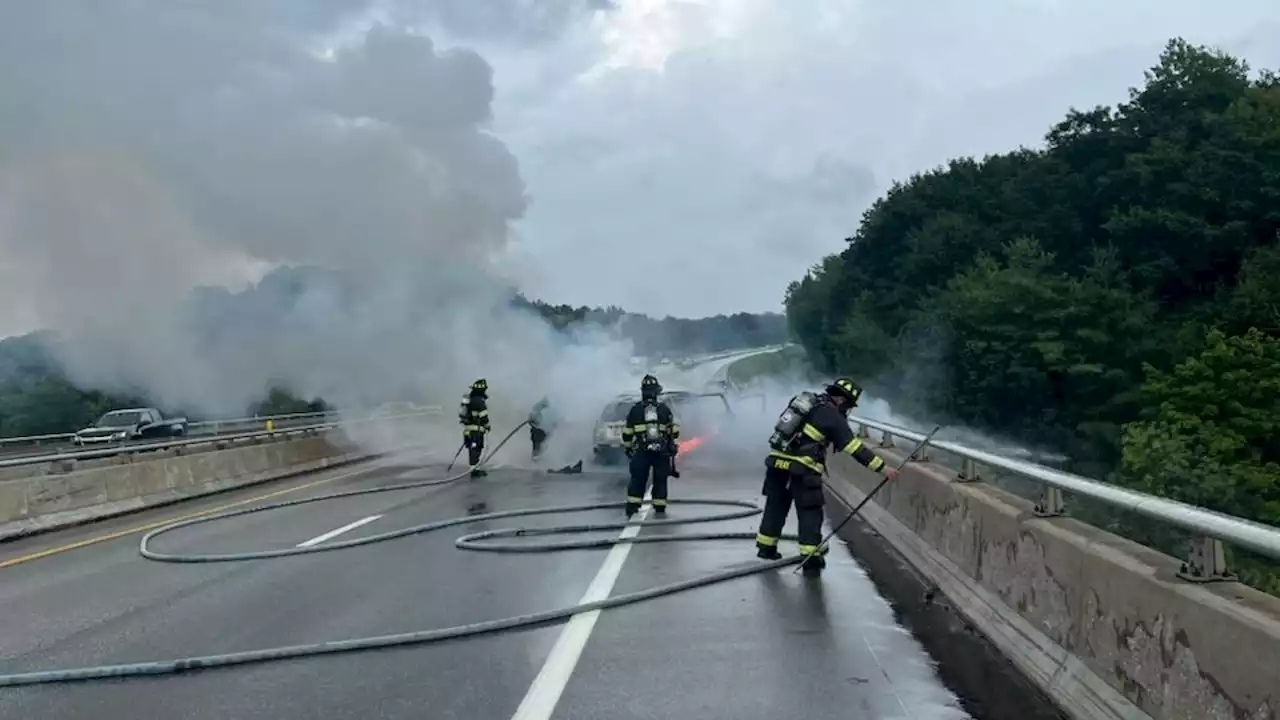 Heavy rain causes fiery crash on I-95 in Maine