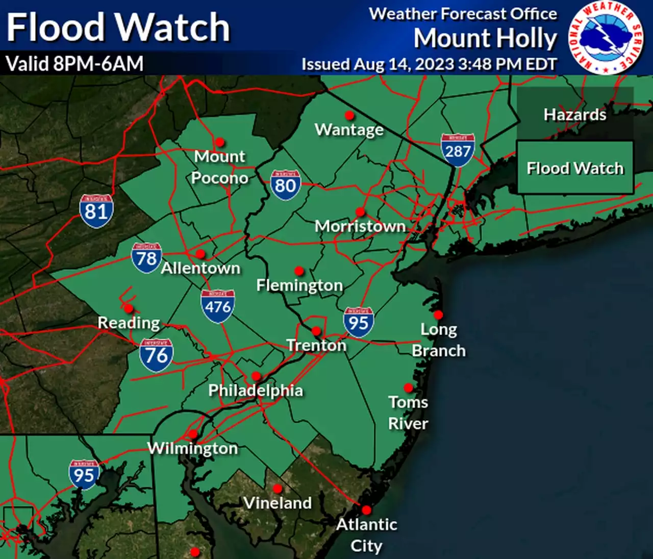 Flood watch issued for 18 N.J. counties as severe thunderstorm threat looms Monday night